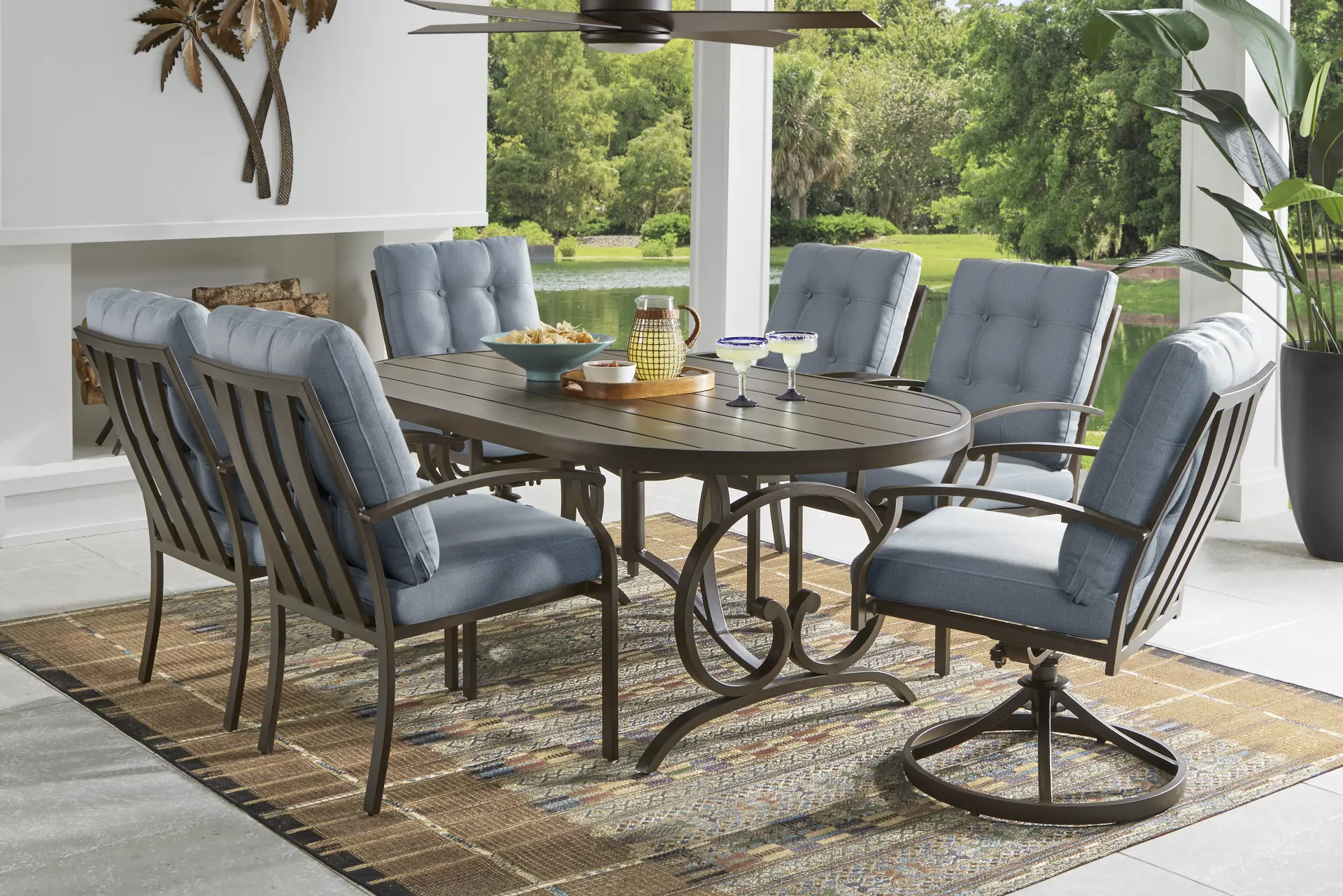 Lake Breeze Aged Bronze 7 Pc Oval Outdoor Dining Set with Blueberry Cushions