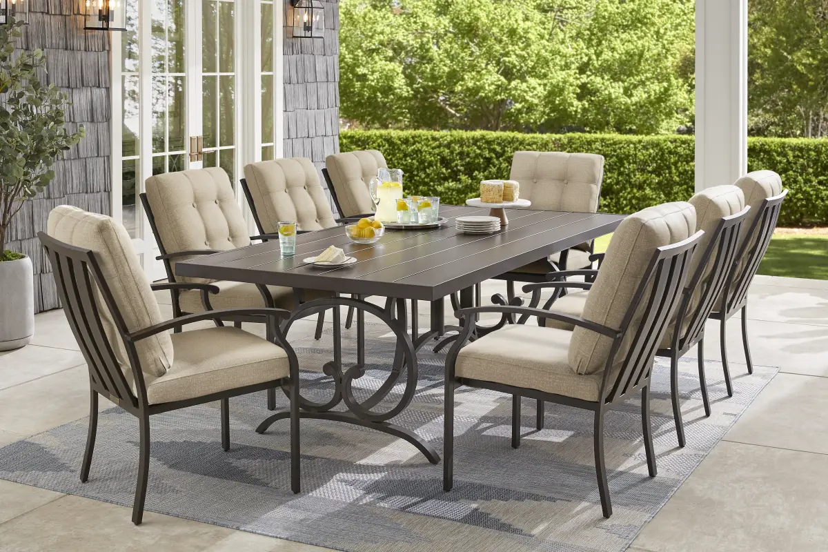 Lake Breeze Aged Bronze 9 Pc Outdoor Dining Set with Hemp-Colored Cushions