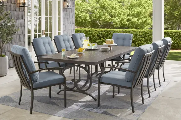 Lake Breeze Aged Bronze 7 Pc Outdoor Dining Set with Blueberry Cushions