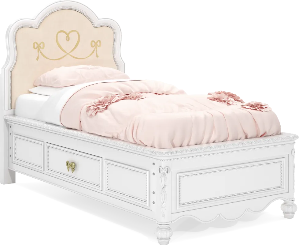 Disney Princess Sparkle White Twin Upholstered Panel Bed with Storage Side Rails