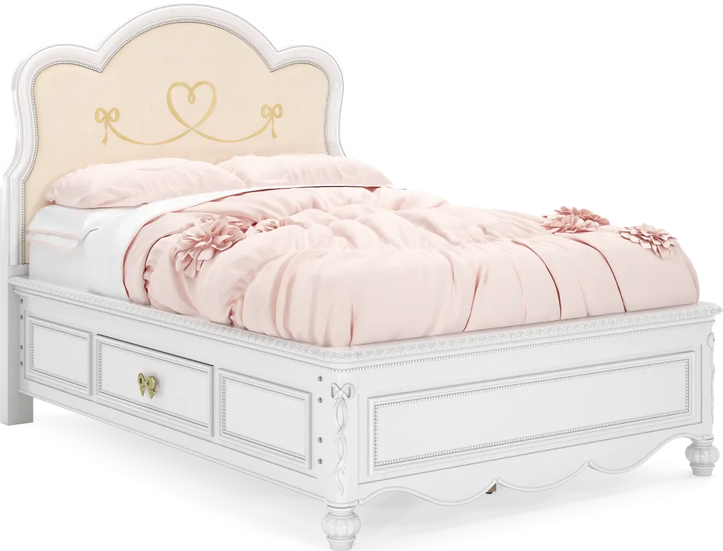 Disney Princess Sparkle White Full Upholstered Panel Bed with Storage Side Rails
