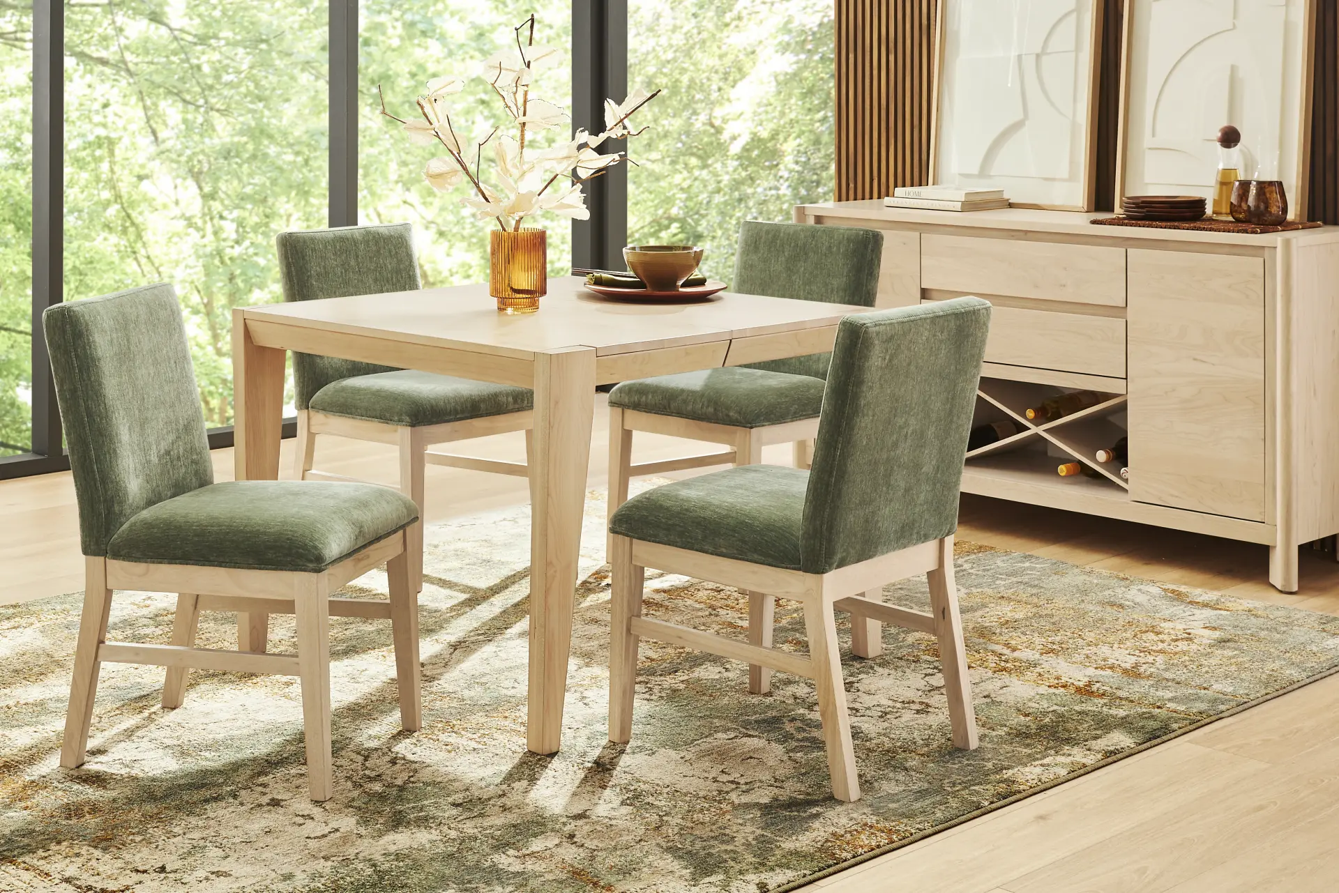 Julian Natural 5 Pc Square Dining Room with Green Upholstered Chairs