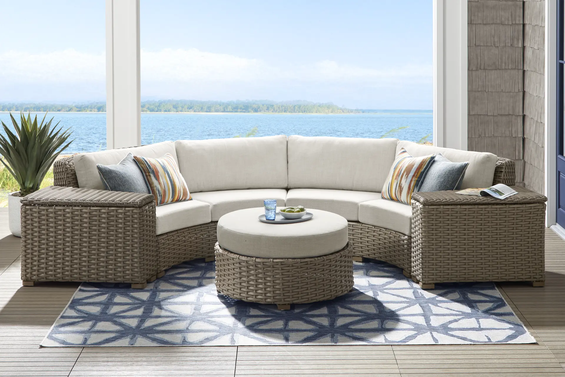 Siesta Key Driftwood Finish 4 Pc Outdoor Curved Sectional with Desert Cushions