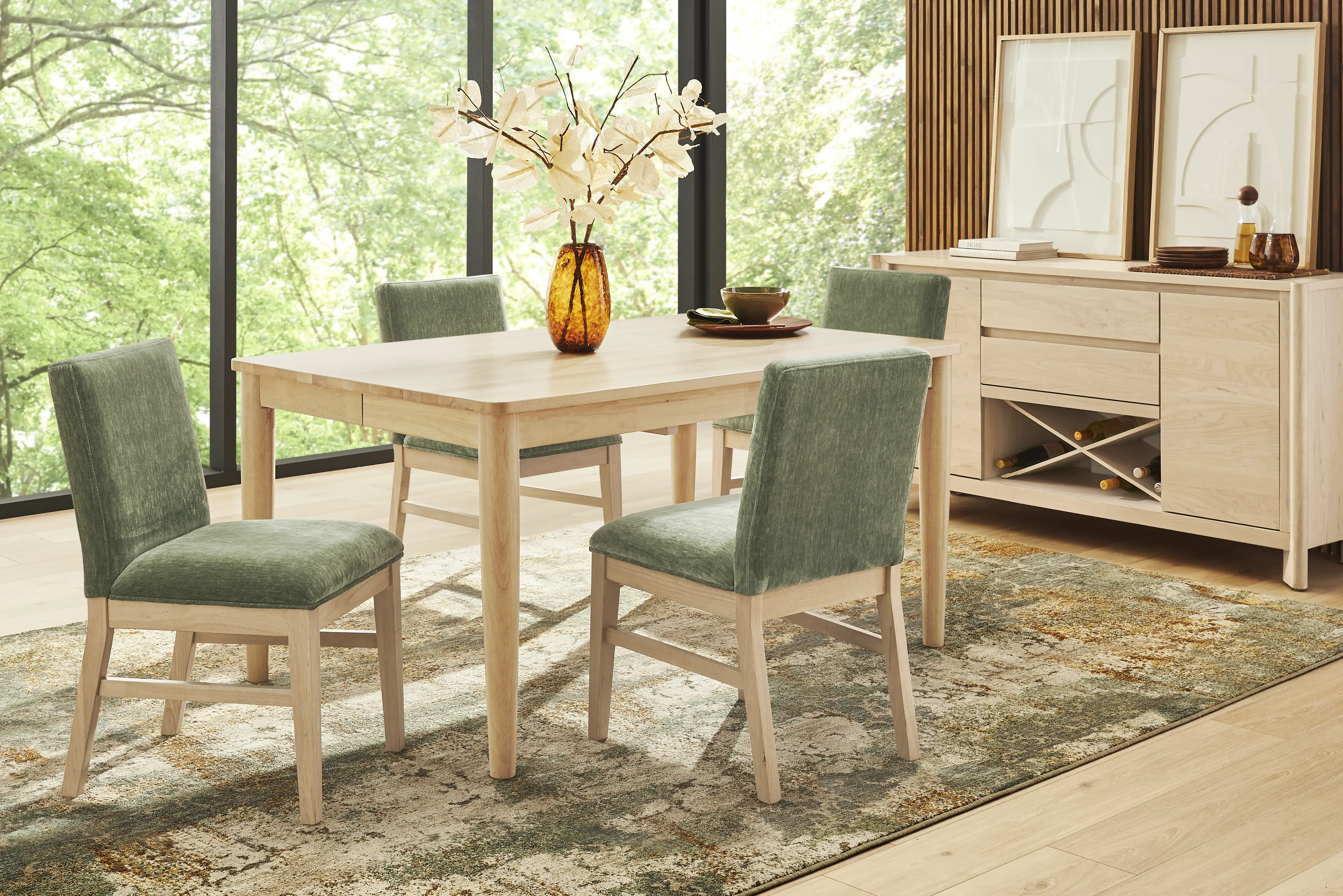Julian Natural 5 Pc Dining Room with Green Upholstered Chairs - Thumbnail - Image 1