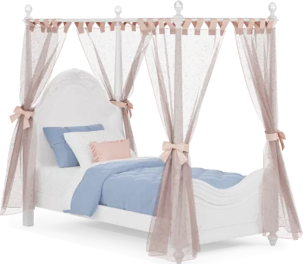 Disney Princess Sparkle White Twin Canopy Bed with Pink Canopy Fabric