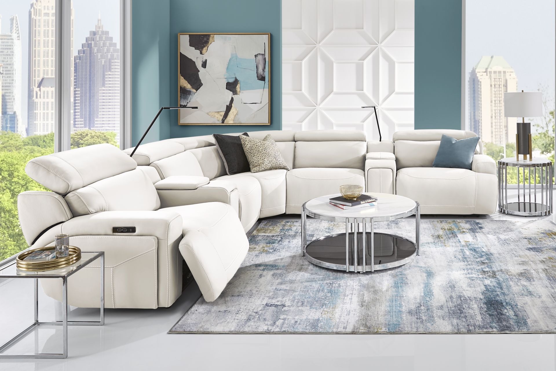 Alessio White Leather 7 Pc Dual Power Reclining Sectional - Image 2