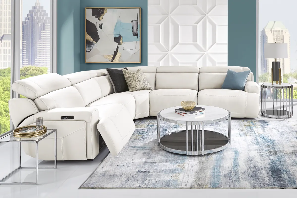 Alessio White Leather 5 Pc Dual Power Reclining Sectional