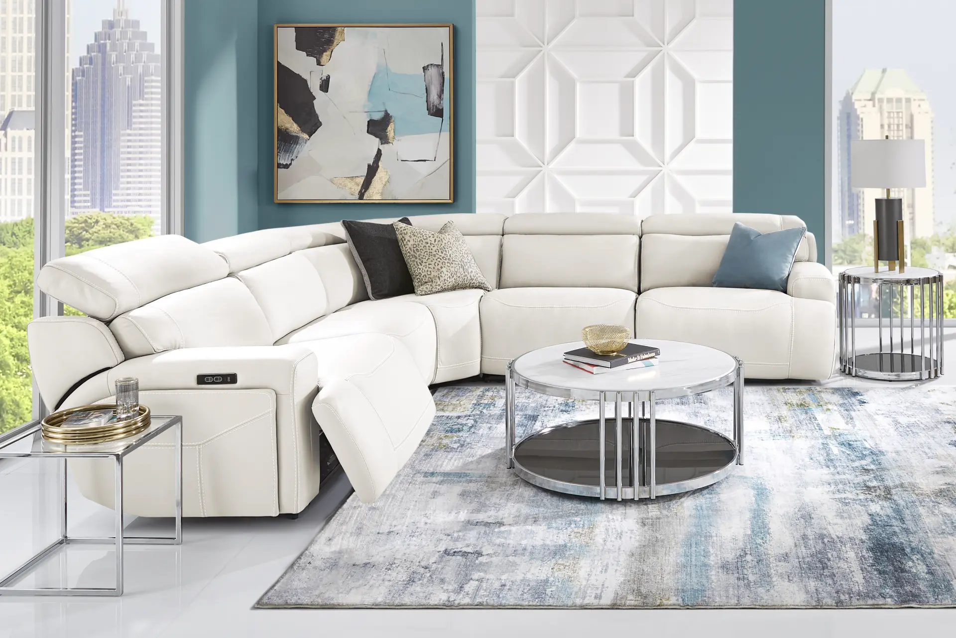 Alessio White Leather 5 Pc Dual Power Reclining Sectional