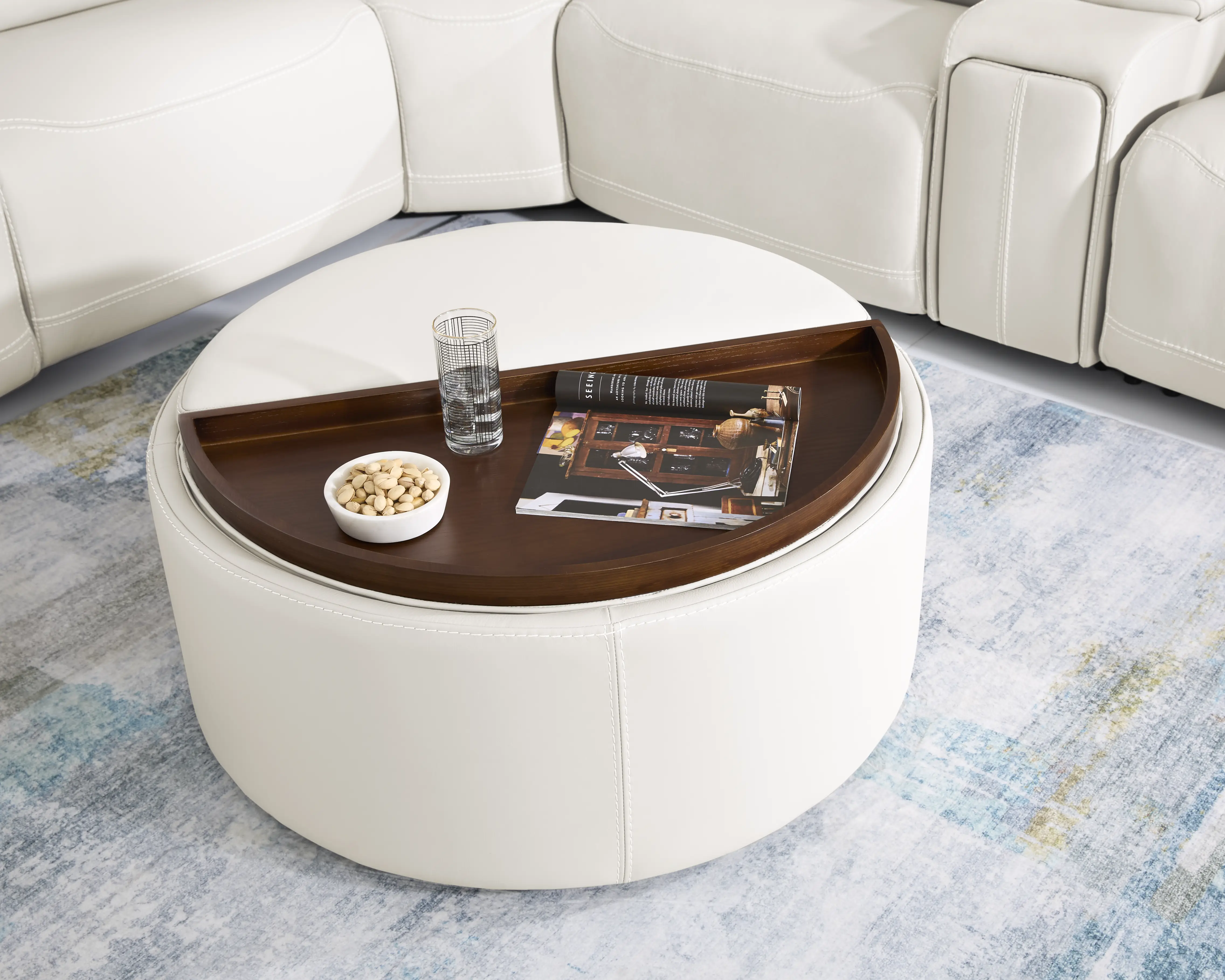 Alessio White Leather Cocktail Storage Ottoman - Thumbnail - Image 2