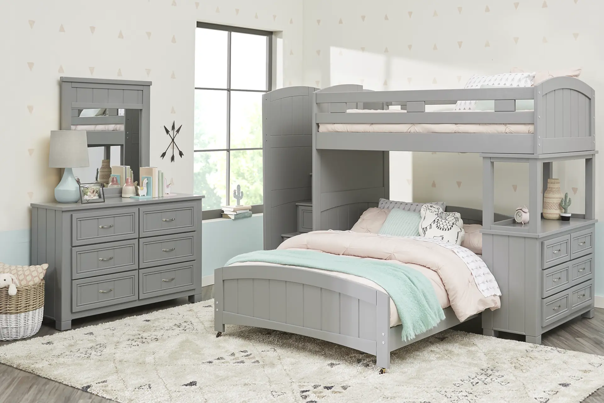 Kids Cottage Colors Gray Twin/Full Step Loft Bed with Dresser