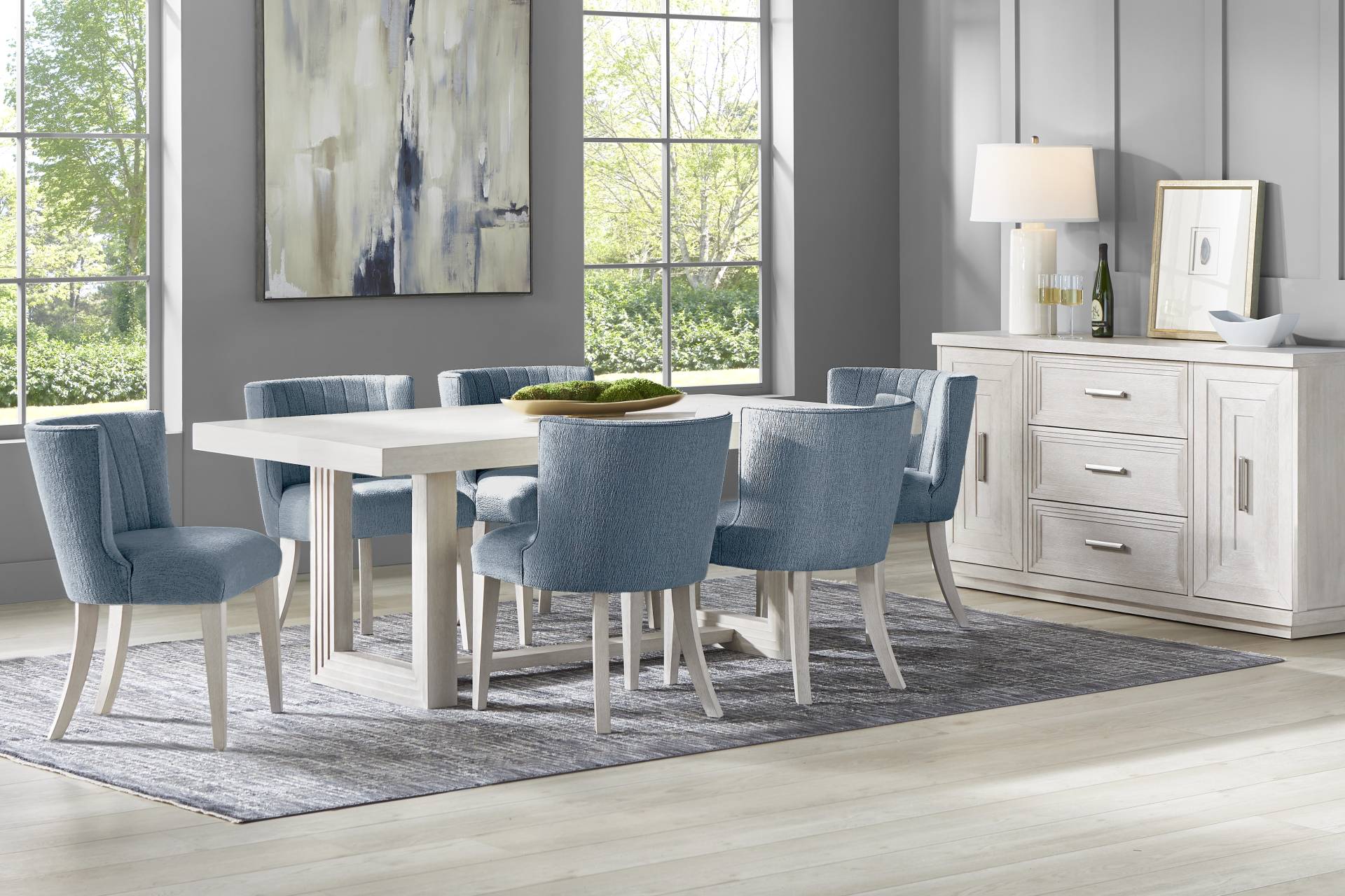 Royal Park Ivory 5 Pc Dining Room with Blue Upholstered Chairs full room