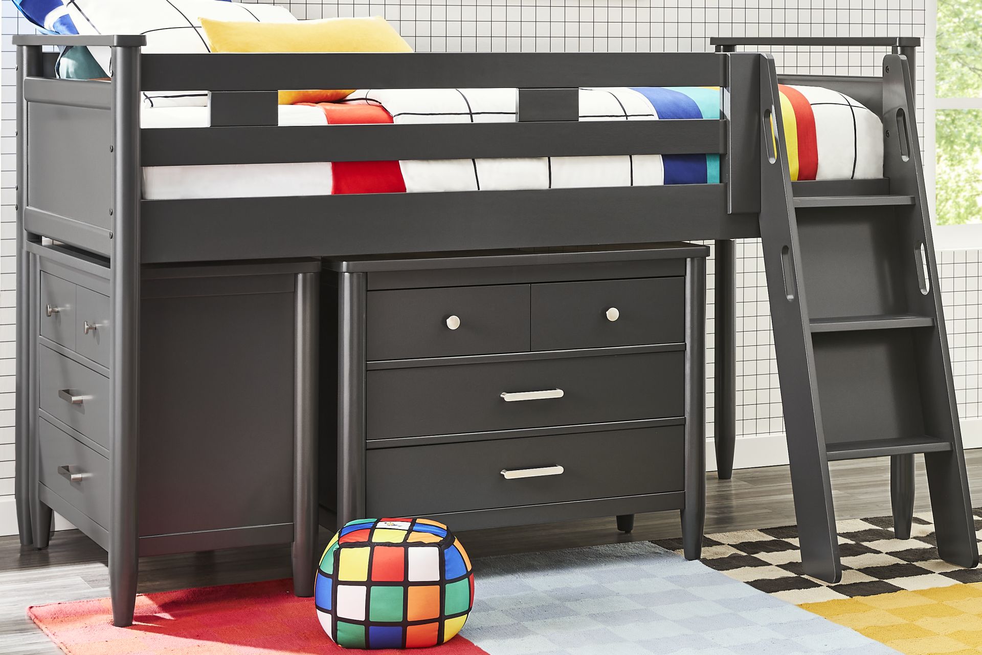 Kids Modern Colors Iron Ore Twin Loft with Loft Chests - Image 2