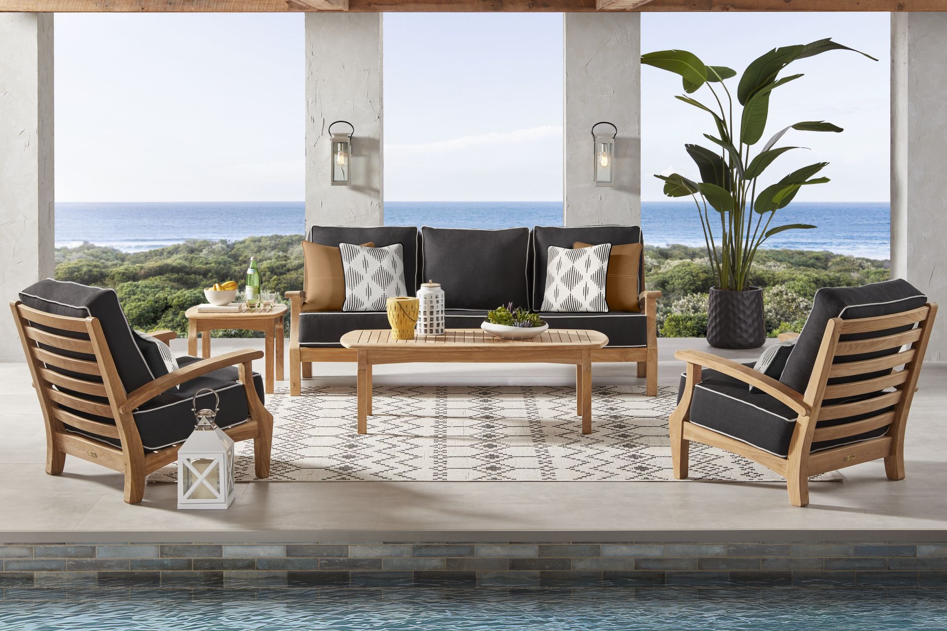 Pleasant Bay Teak 4 Pc Outdoor Seating Set with Charcoal Cushions - Image 1