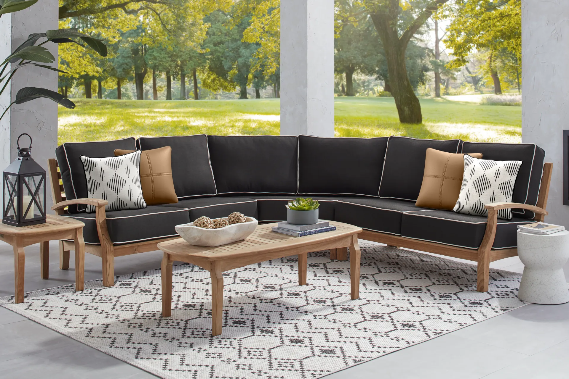 Pleasant Bay Teak 3 Pc Outdoor Sectional with Charcoal Cushions - Image 1