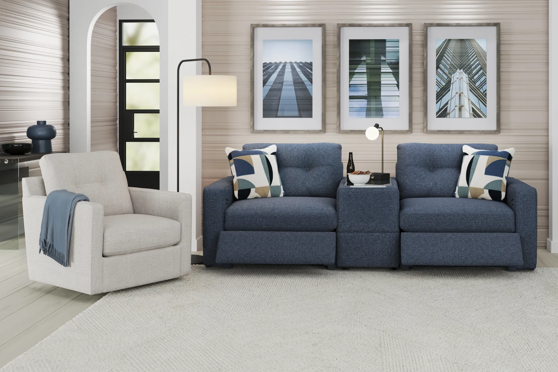 Dark Blue 3 Pc Power Reclining ModularOne with Media Console - Image 1