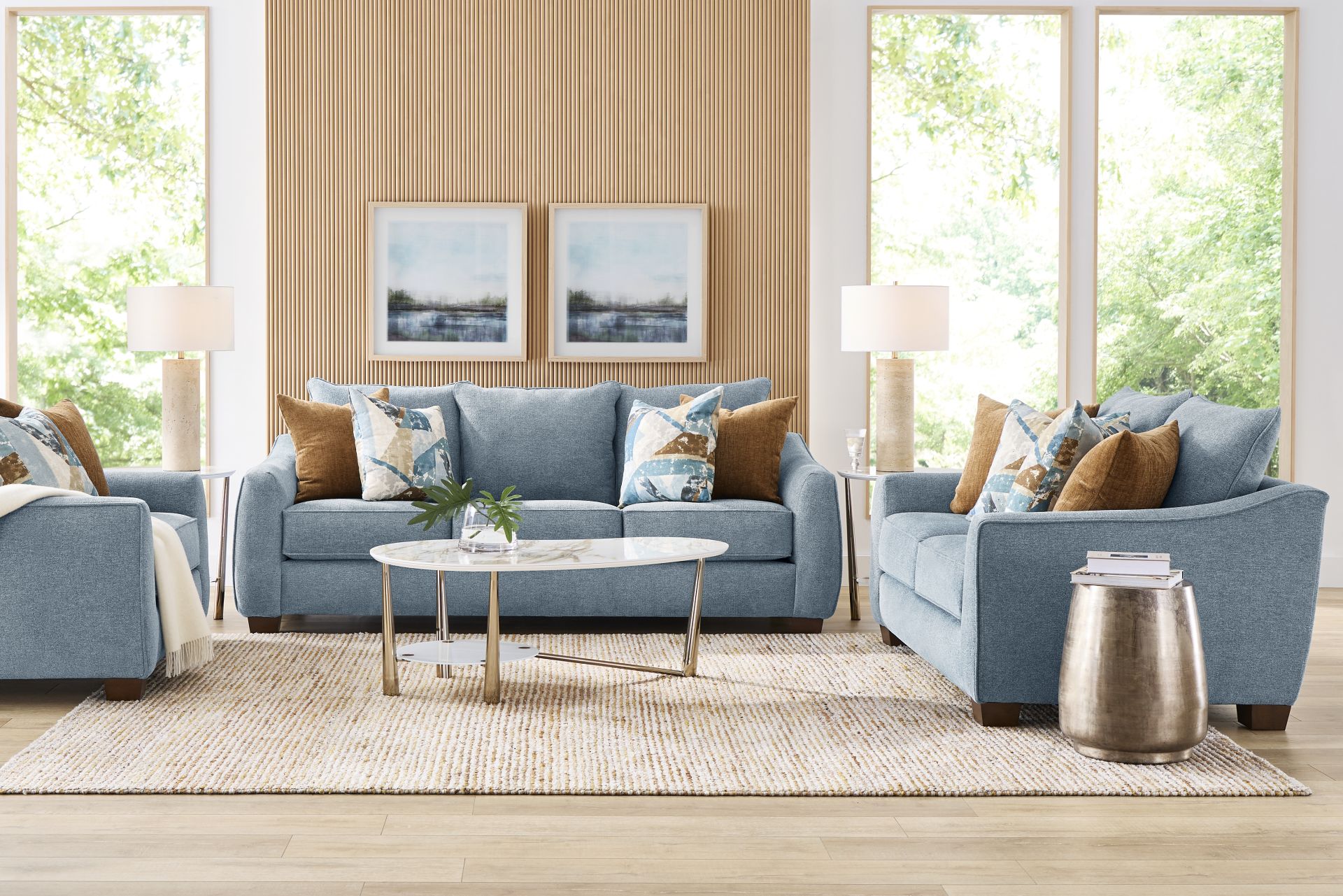 Odette 8 Pc Denim Blue Chenille Fabric Sleeper Living Room Set