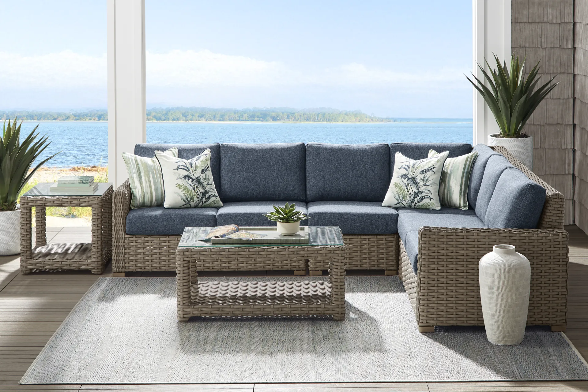 Siesta Key Driftwood Finish 4 Pc Outdoor Sectional with Ink Cushions - Image 1