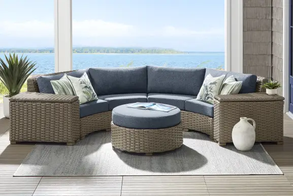 Siesta Key Driftwood Finish 4 Pc Outdoor Curved Sectional with Ink Cushions