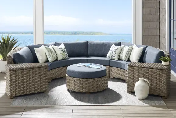 Siesta Key Driftwood Finish 5 Pc Outdoor Curved Sectional with Ink Cushions