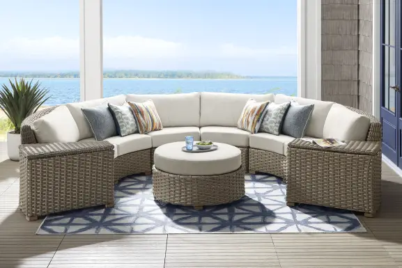 Siesta Key Driftwood Finish 5 Pc Outdoor Curved Sectional with Desert Cushions