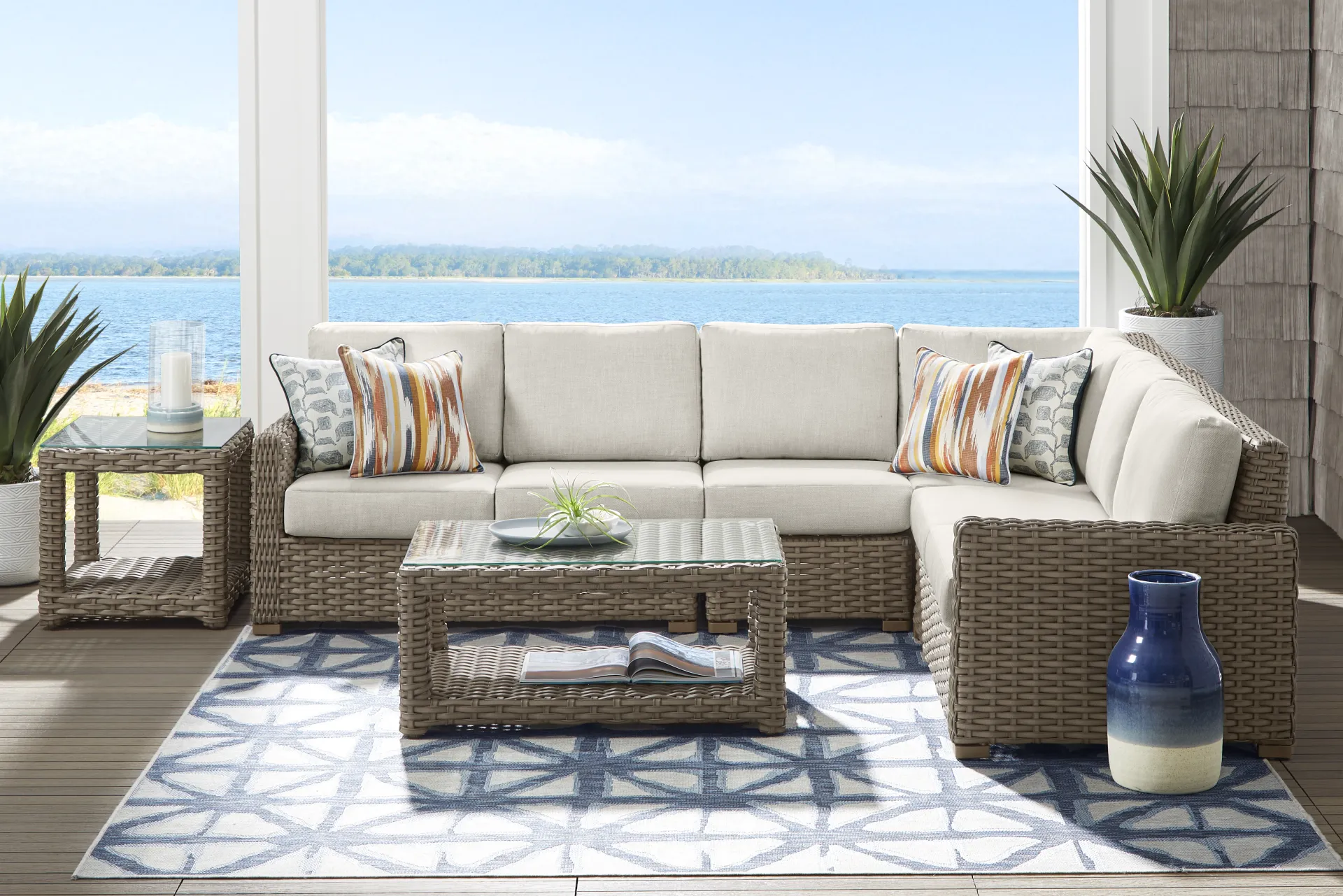 Siesta Key Driftwood Finish 4 Pc Outdoor Sectional with Desert Cushions - Image 1