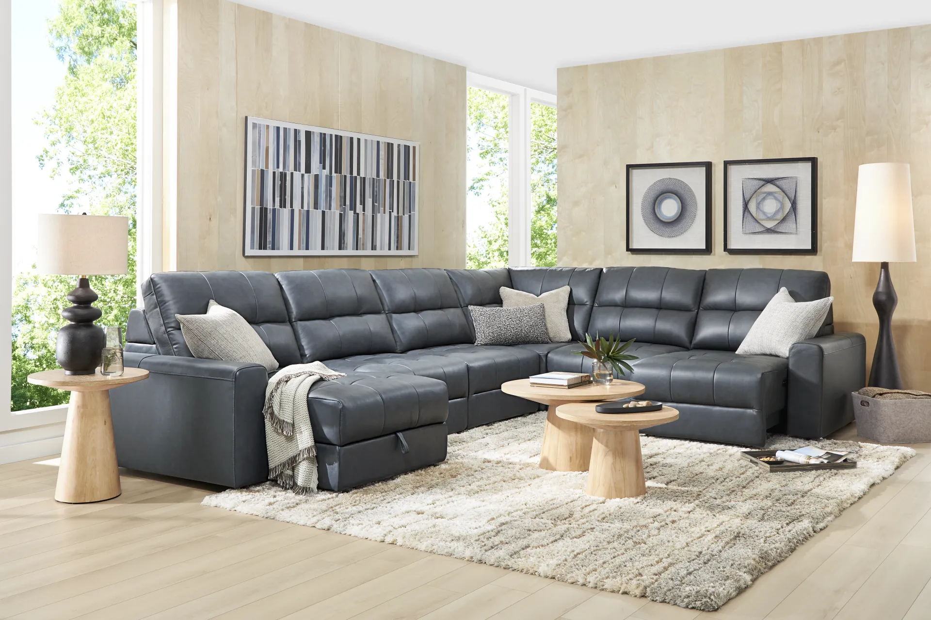 Meriwether Slate Blue Leather 6 Pc Power Slider Sectional - Image 11