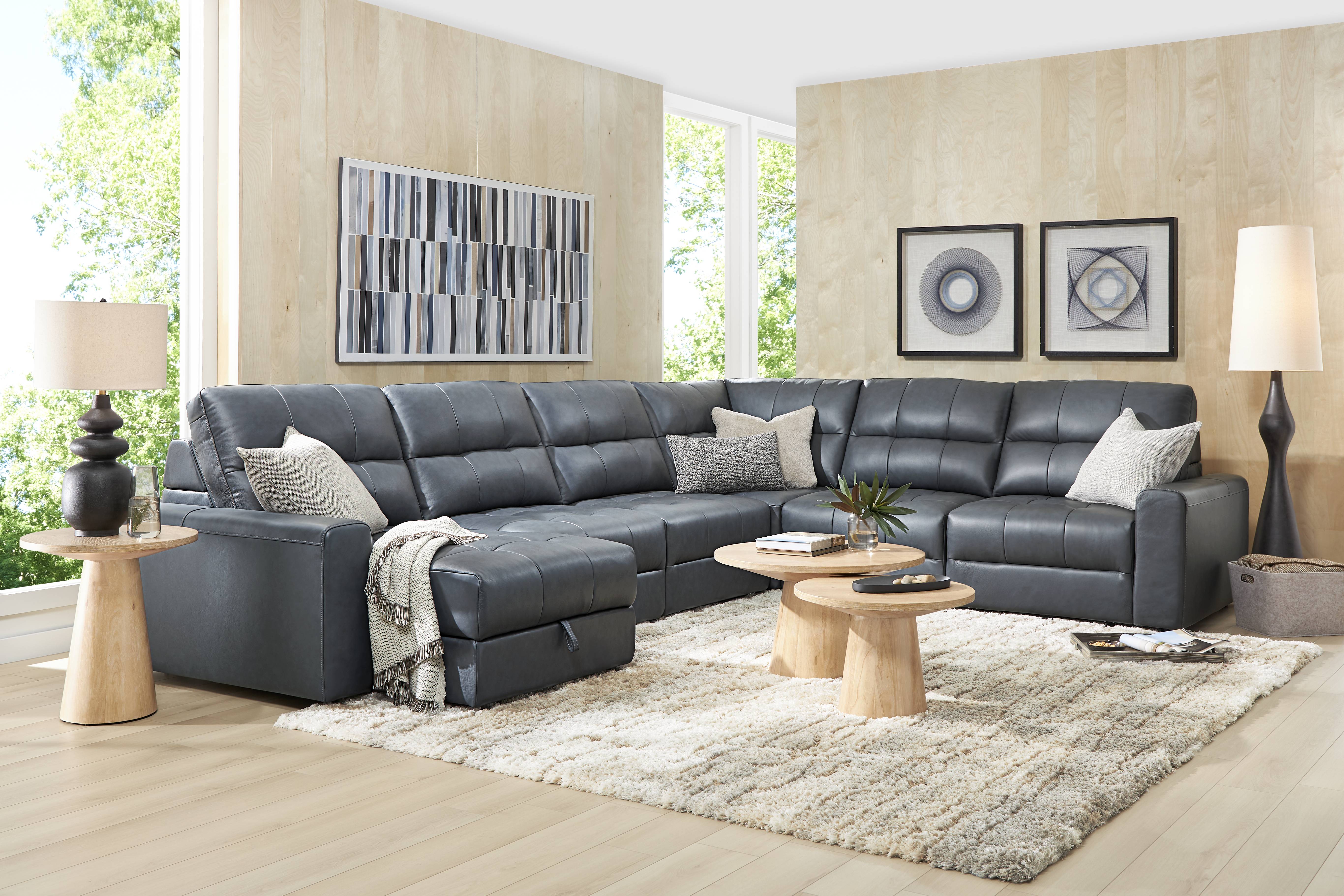 Meriwether Slate Blue Leather 6 Pc Power Slider Sectional - Thumbnail - Image 2