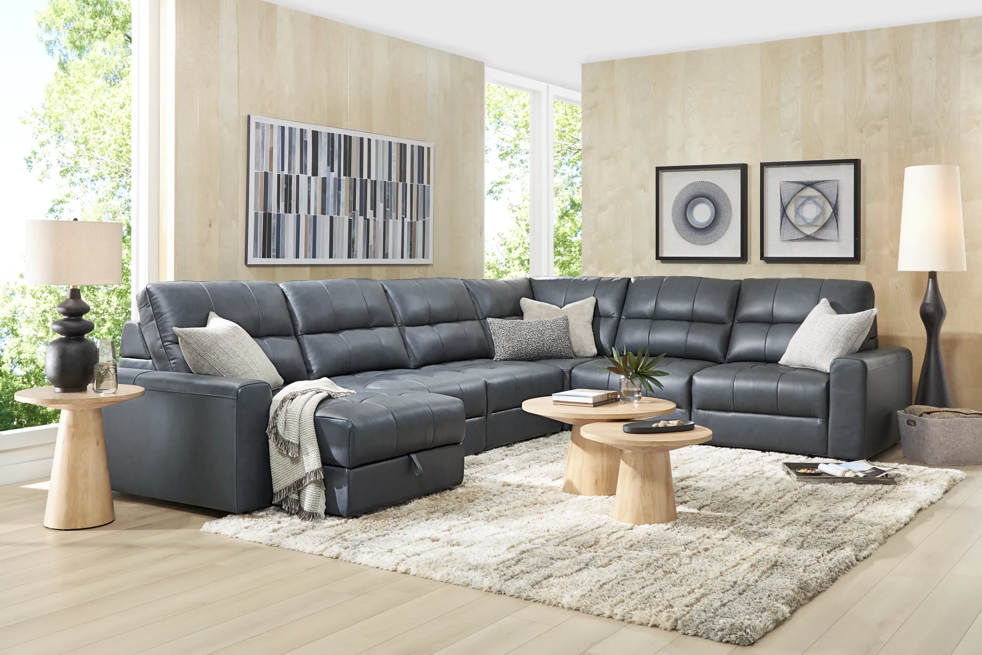 Meriwether Slate Blue Leather 6 Pc Power Slider Sectional - Image 1