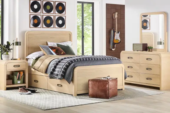 Kids Hidden Hills Light Oak Full Panel Bedroom with Dresser and Mirror