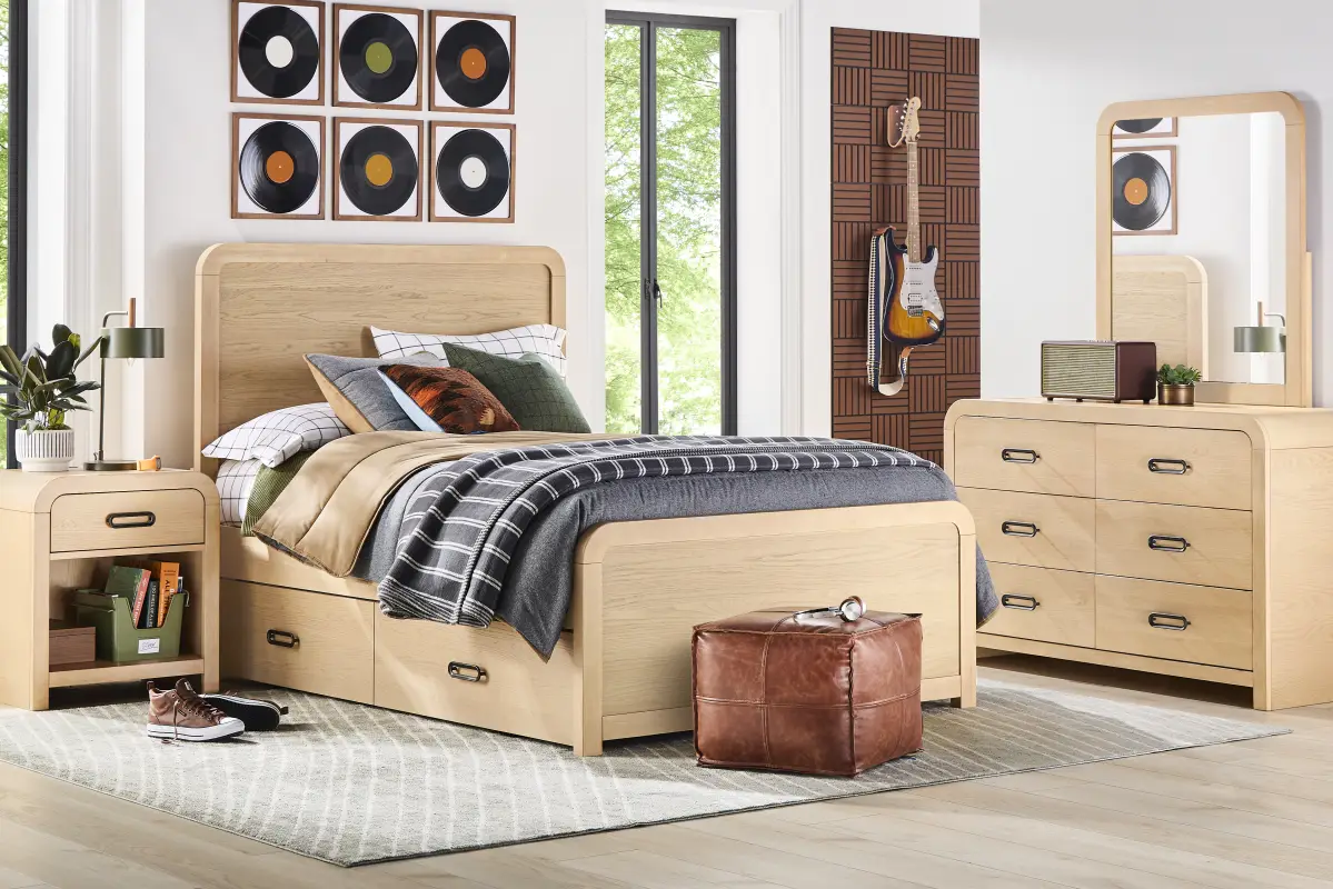 Kids Hidden Hills Light Oak Full Panel Bed with 2 Storage Side Rails