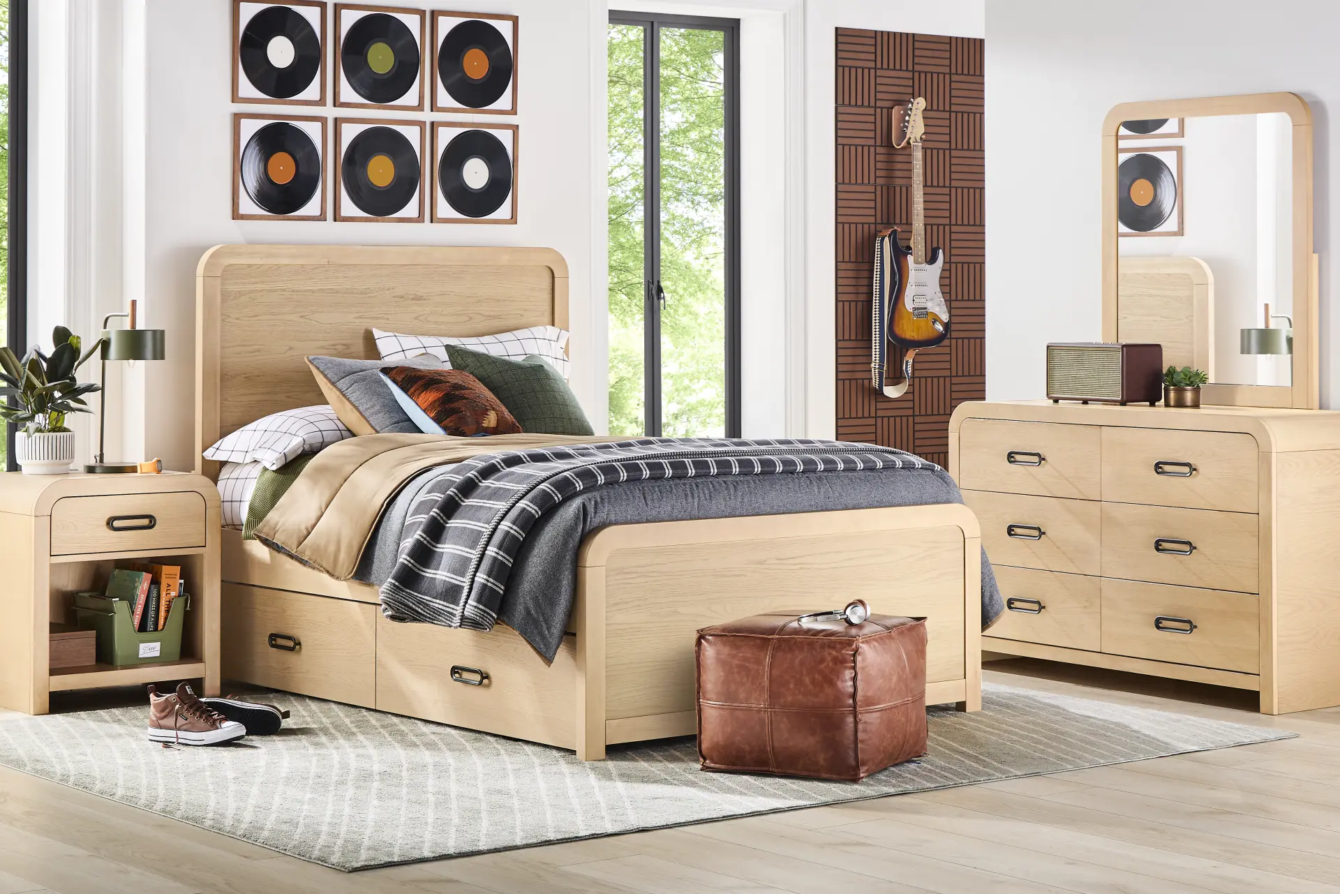 Kids Hidden Hills Light Oak Full Panel Bedroom with Dresser and Mirror