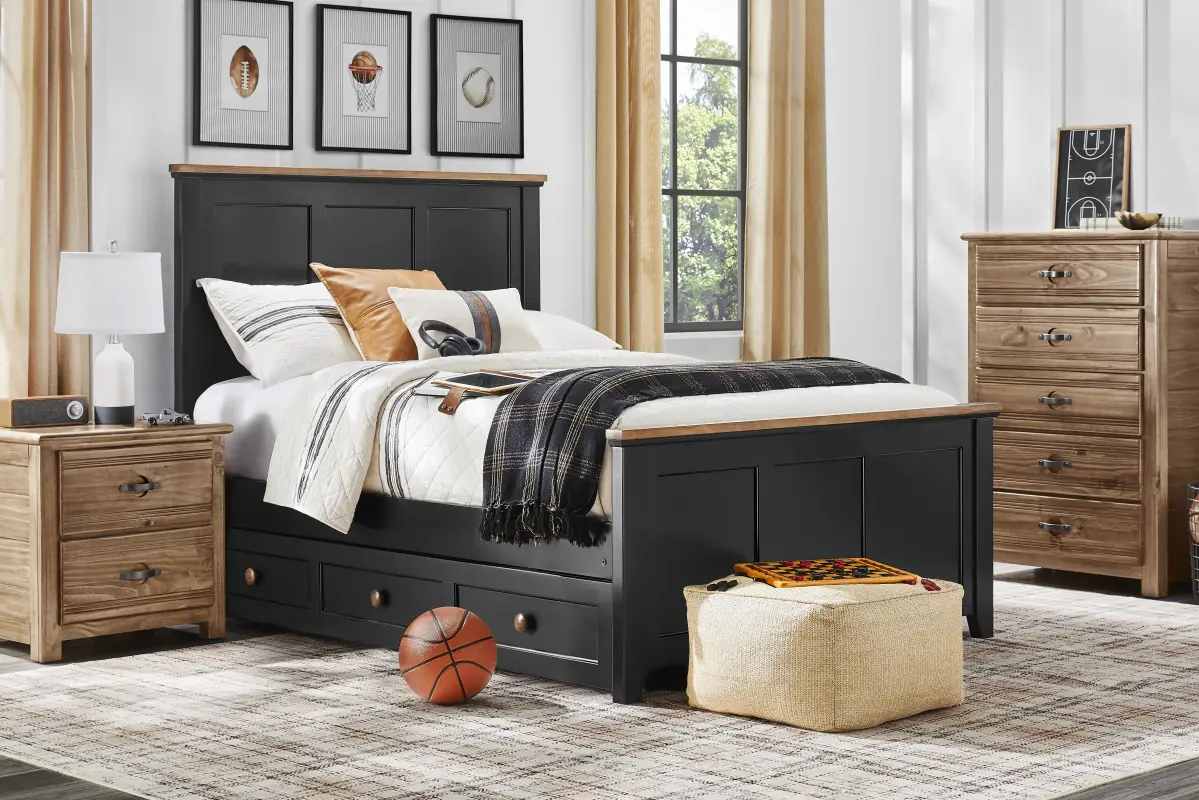 Kids Sugar Hollow Black Full Panel Bedroom with Creekside 2.0 Chestnut Chest and Nightstand