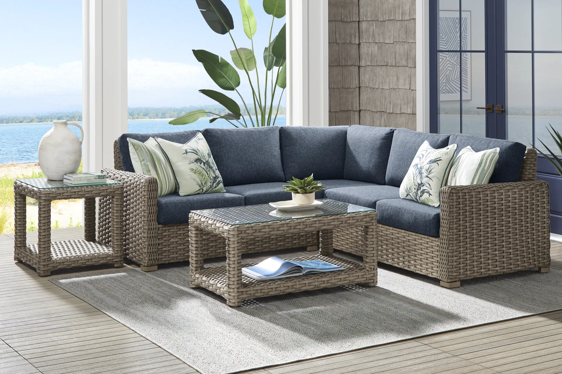Siesta Key Driftwood Finish 3 Pc Outdoor Sectional with Ink Cushions - Image 1