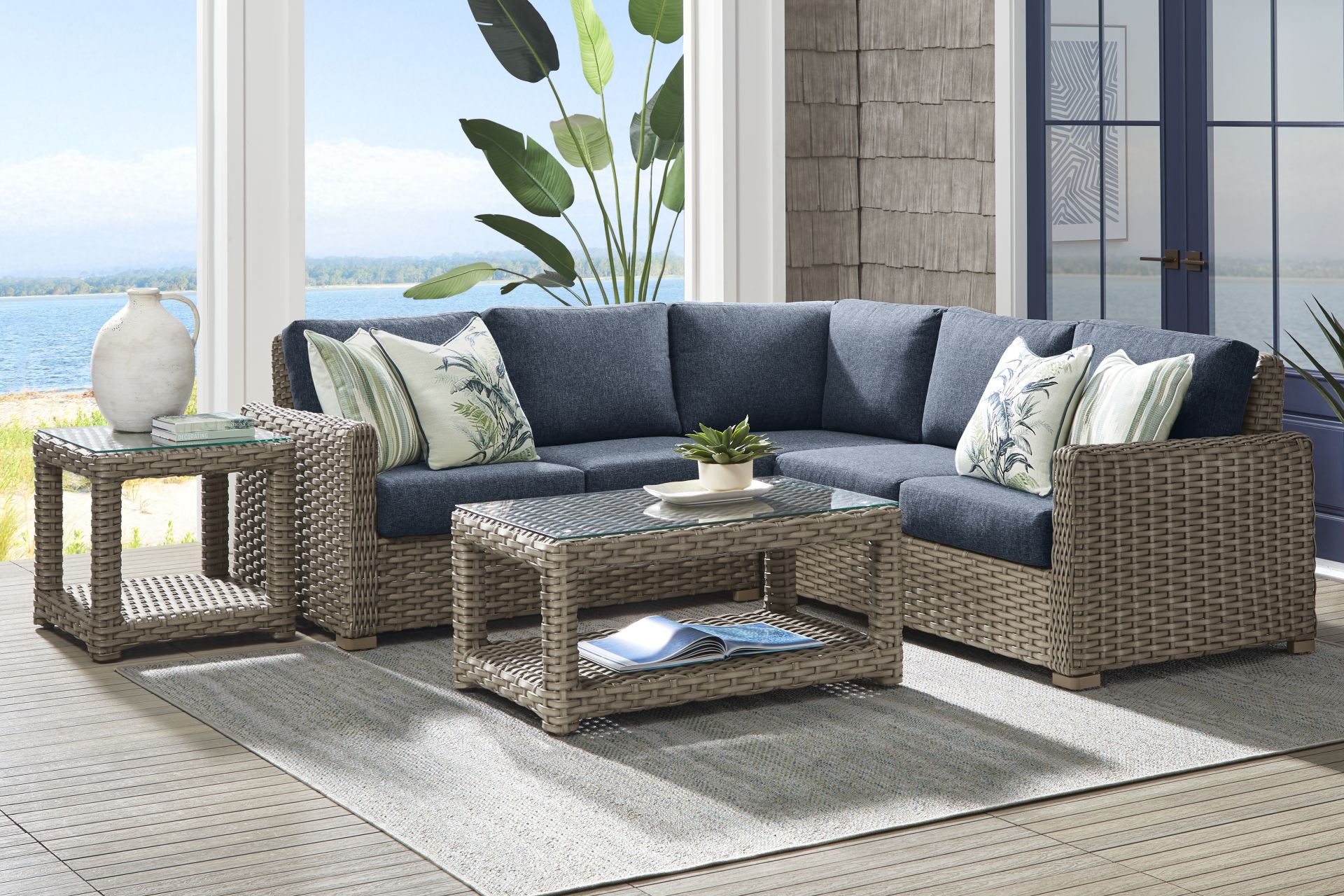 Siesta Key Driftwood Finish 3 Pc Outdoor Sectional with Ink Cushions - Image 2