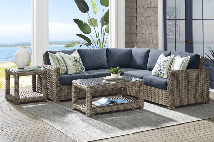 Siesta Key Driftwood Finish 3 Pc Outdoor Sectional with Ink Cushions