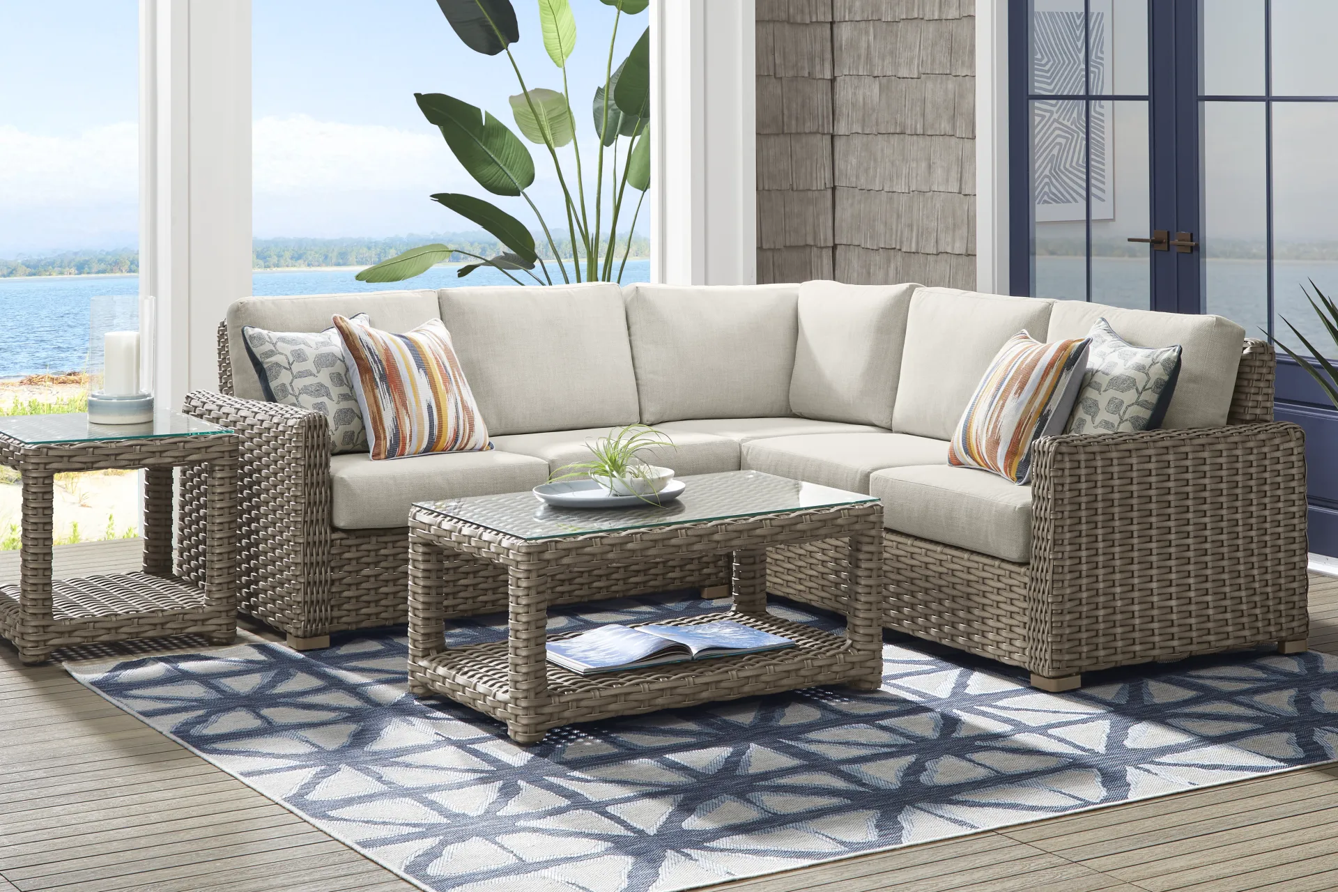 Siesta Key Driftwood Finish 3 Pc Outdoor Sectional with Desert Cushions - Image 1