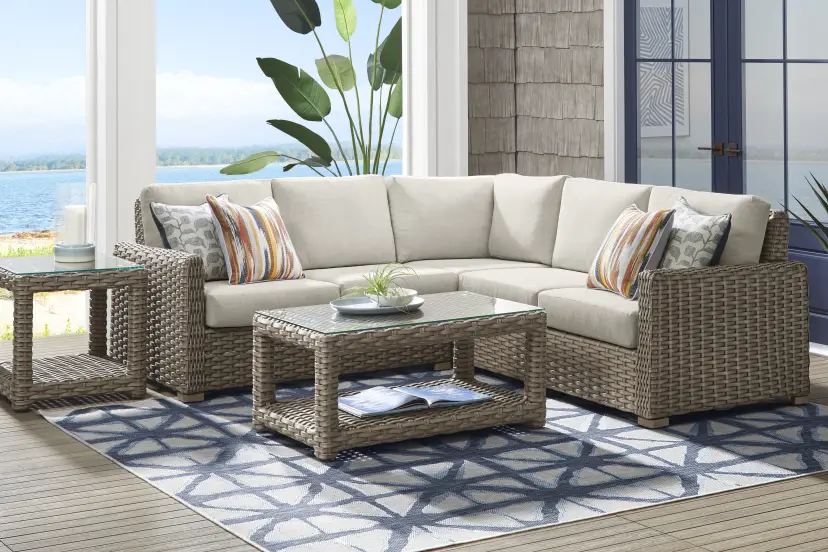 Siesta Key Driftwood Finish 3 Pc Outdoor Sectional with Desert Cushions