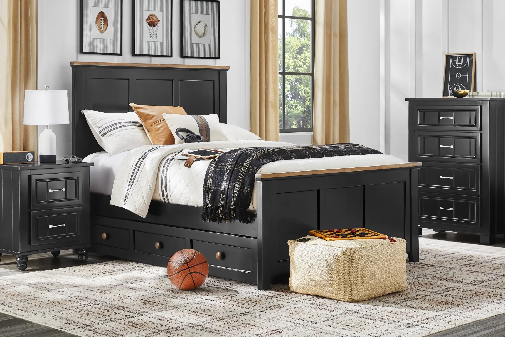 Kids Sugar Hollow Black Twin Panel Bedroom with Cottage Colors Chest and Nightstand