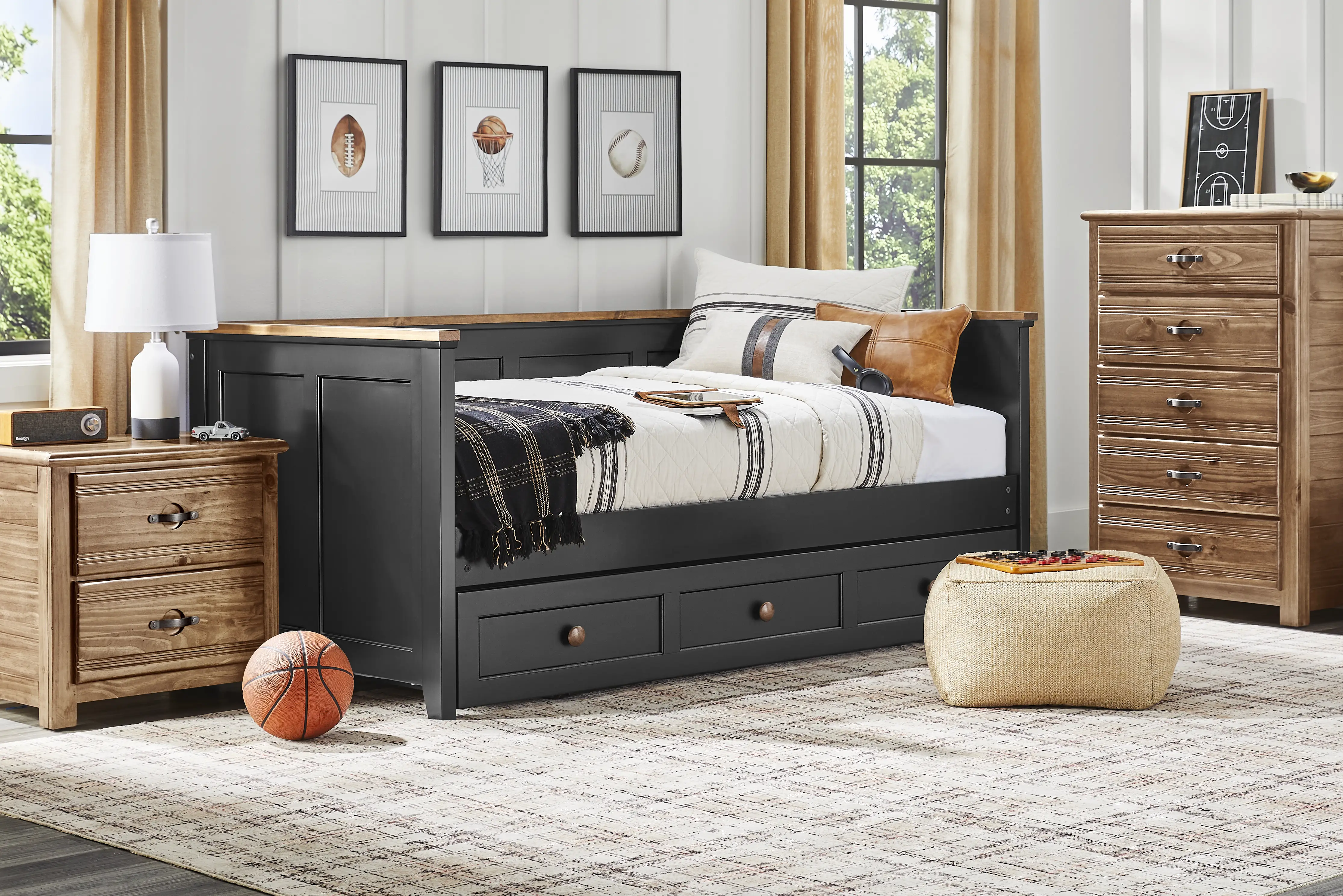 Kids Sugar Hollow Black Twin Daybed Bedroom with Creekside 2.0 Chestnut Chest and Nightstand - Thumbnail - Image 1