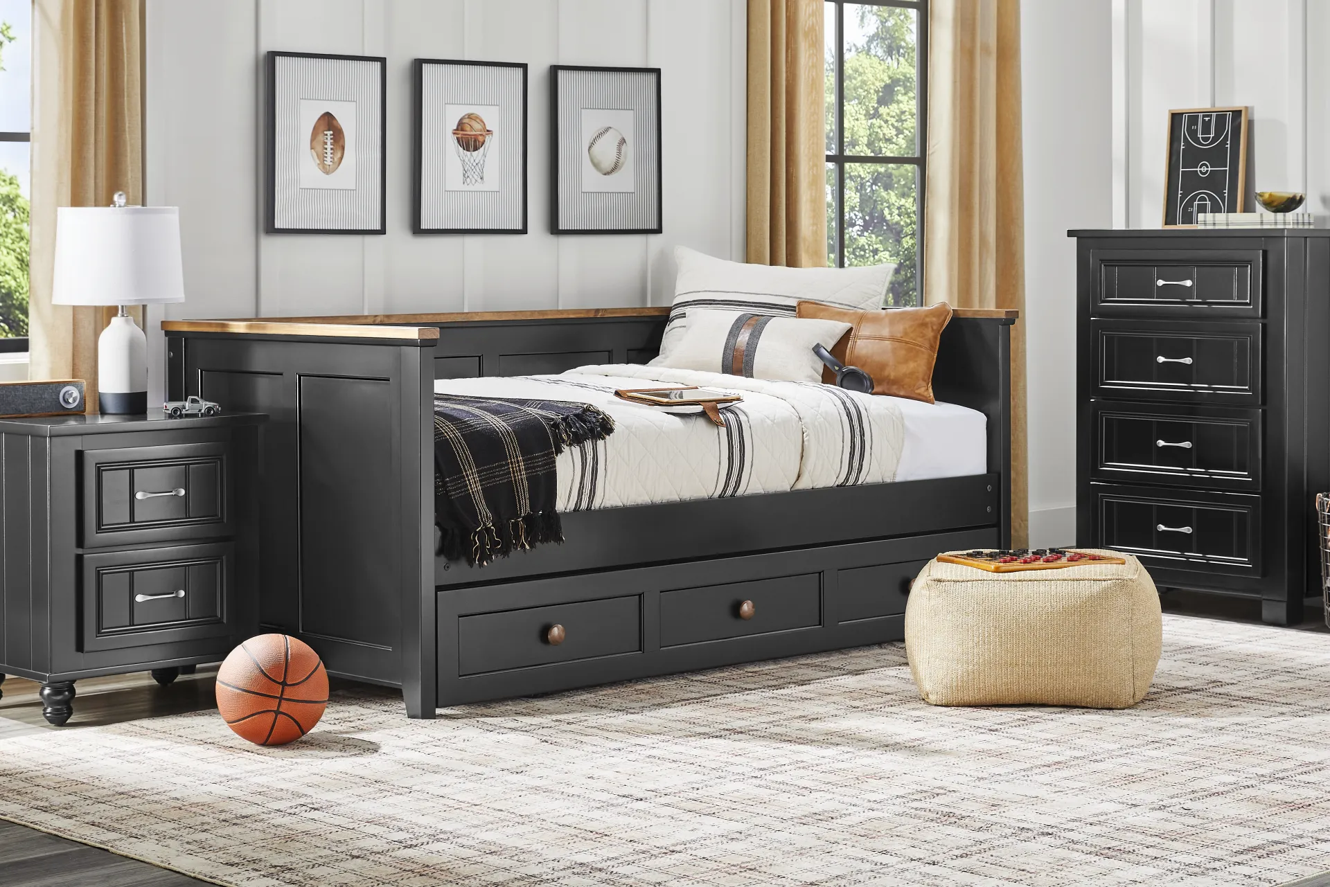 Kids Sugar Hollow Black Twin Daybed Bedroom with Cottage Colors Chest and Nightstand - Image 1