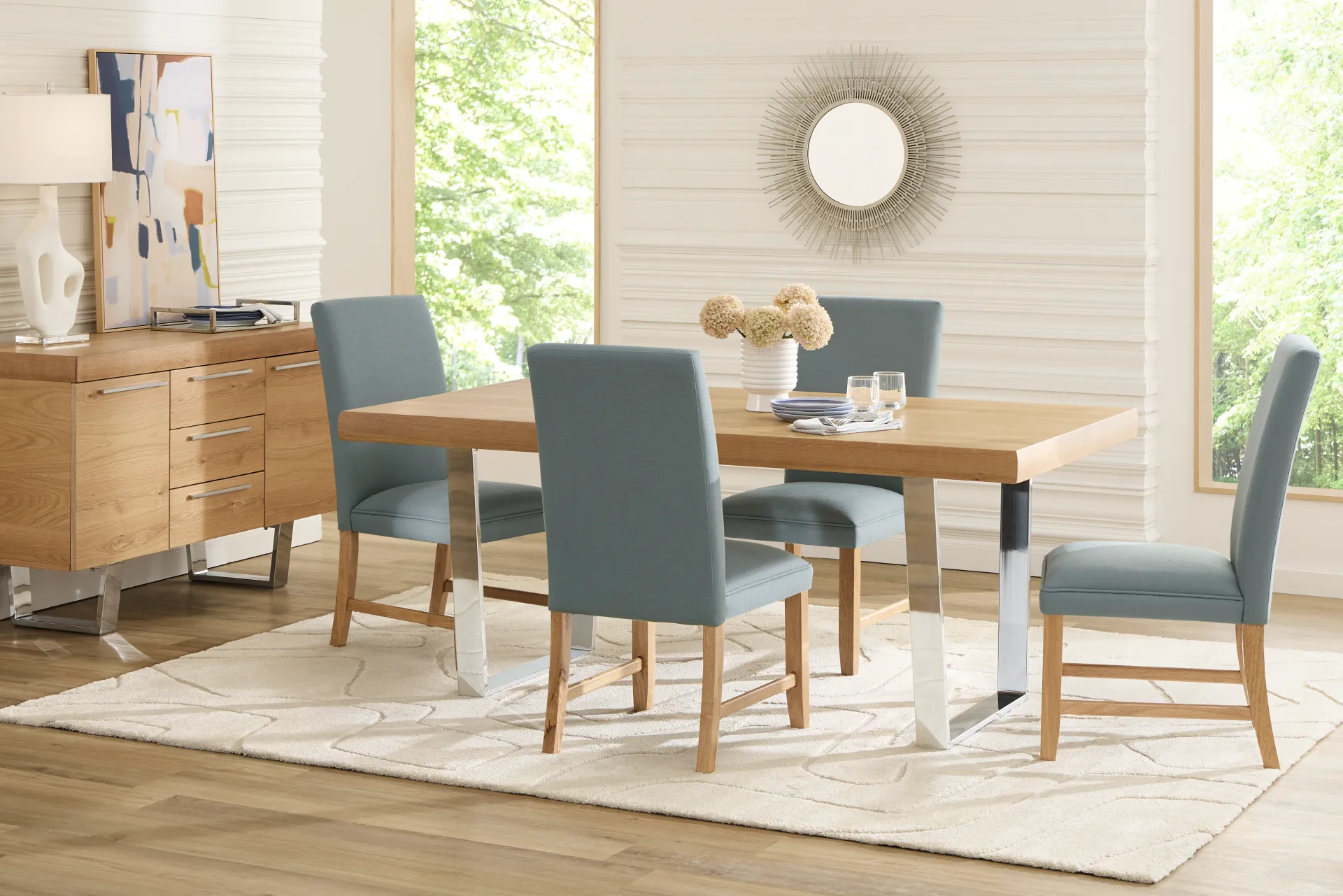 San Francisco Natural 5 Pc Dining Room with Blue Upholstered Chairs - Image 1