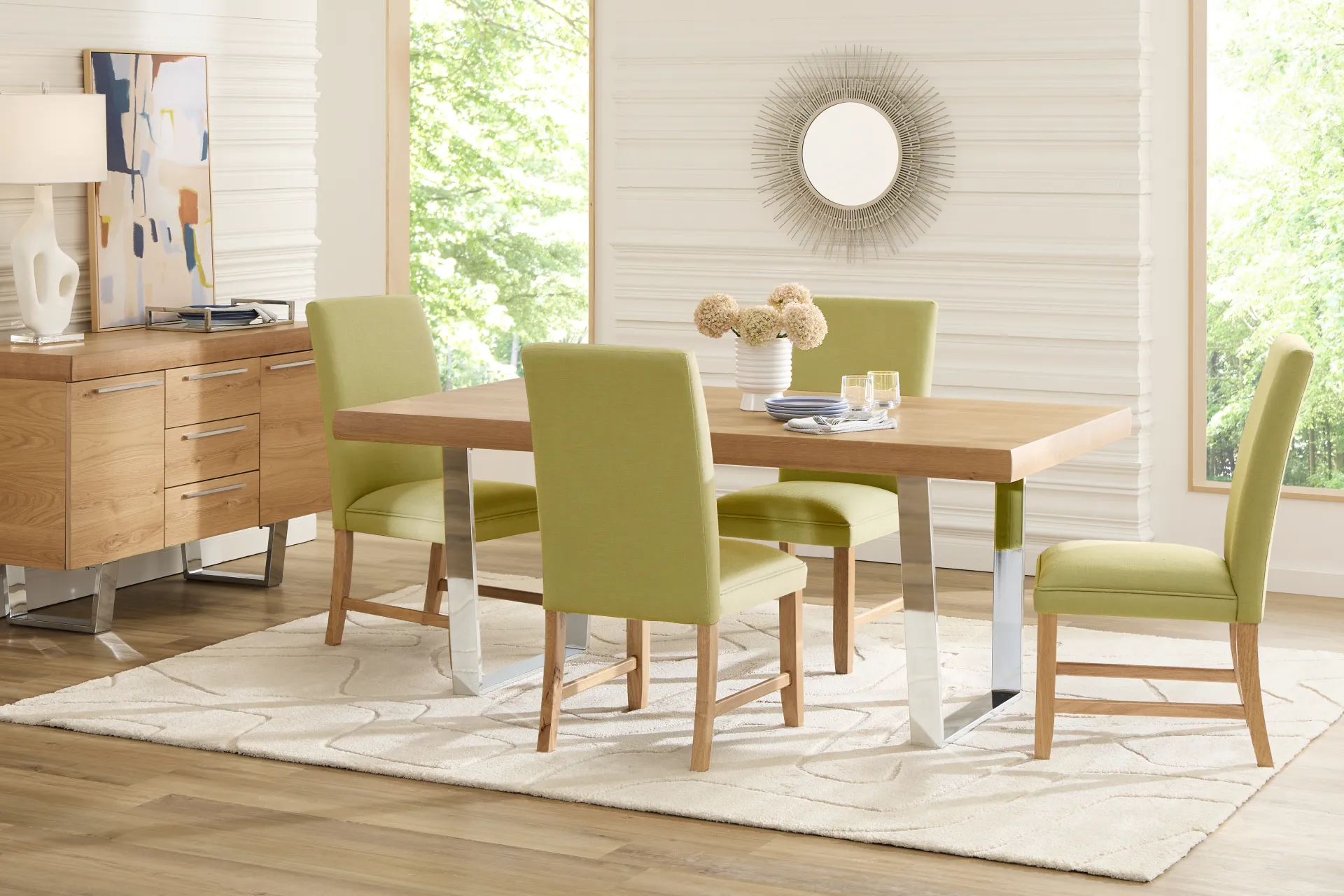 San Francisco Natural 5 Pc Dining Room with Green Upholstered Chairs - Image 1