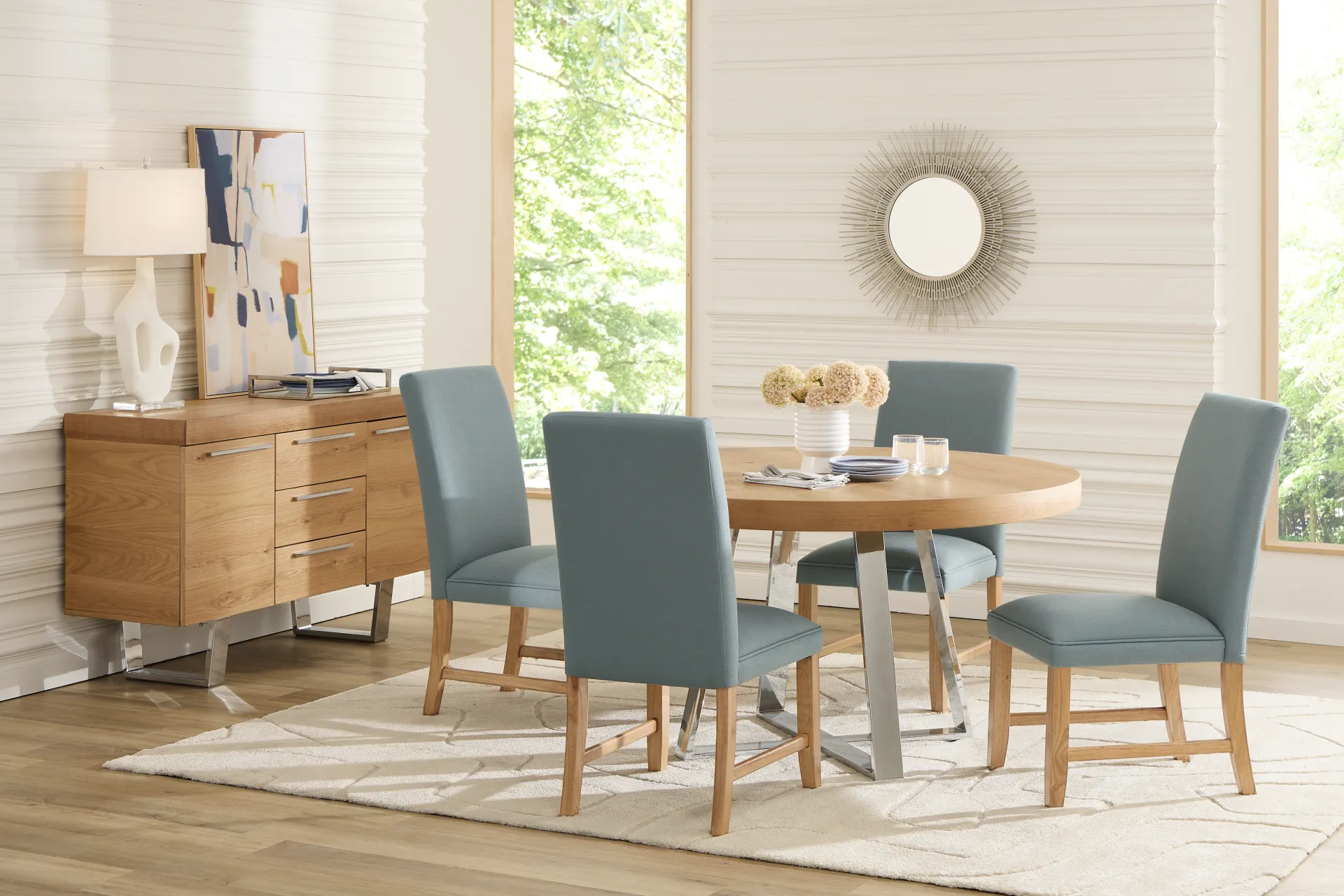 San Francisco Natural 5 Pc Round Dining Room with Blue Upholstered Chairs - Image 1