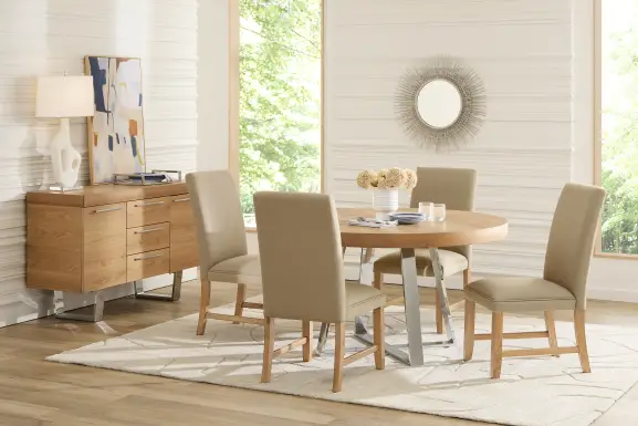 San Francisco Natural 5 Pc Round Dining Room with Brown Upholstered Chairs