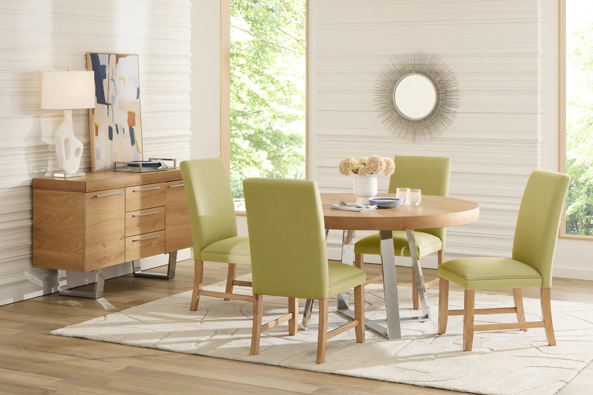 San Francisco Natural 5 Pc Round Dining Room with Green Upholstered Chairs - Image 1