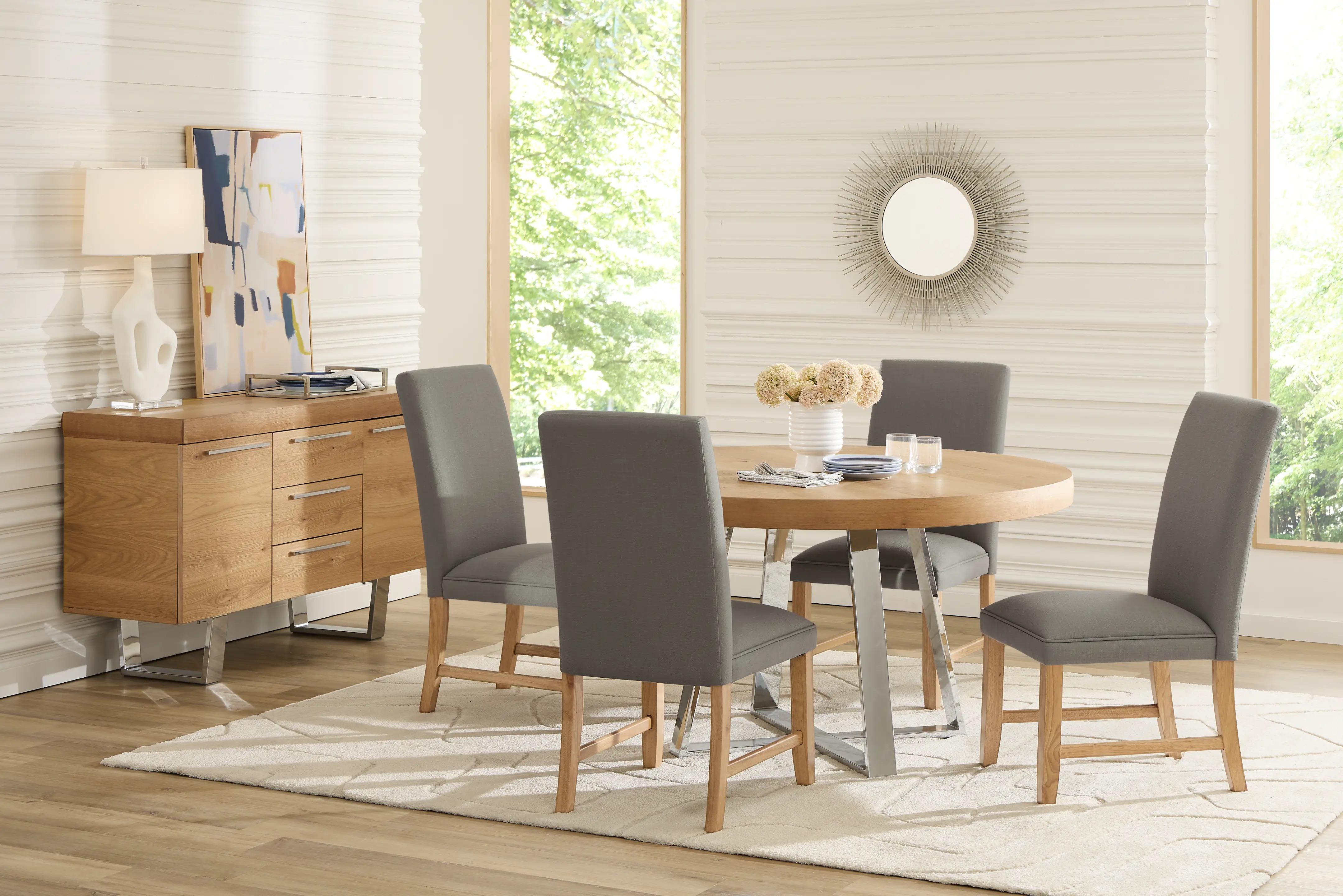 San Francisco Natural 5 Pc Round Dining Room with Gray Upholstered Chairs - Thumbnail - Image 1