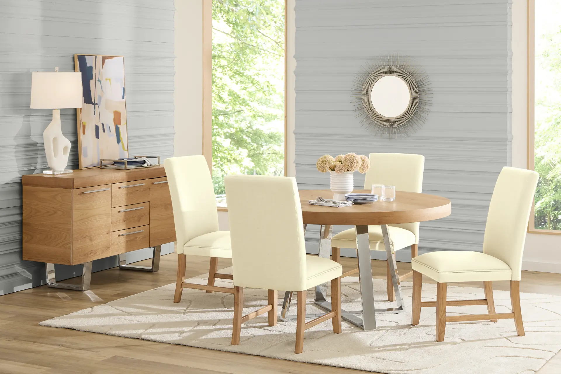San Francisco Natural 5 Pc Round Dining Room with White Upholstered Chairs
