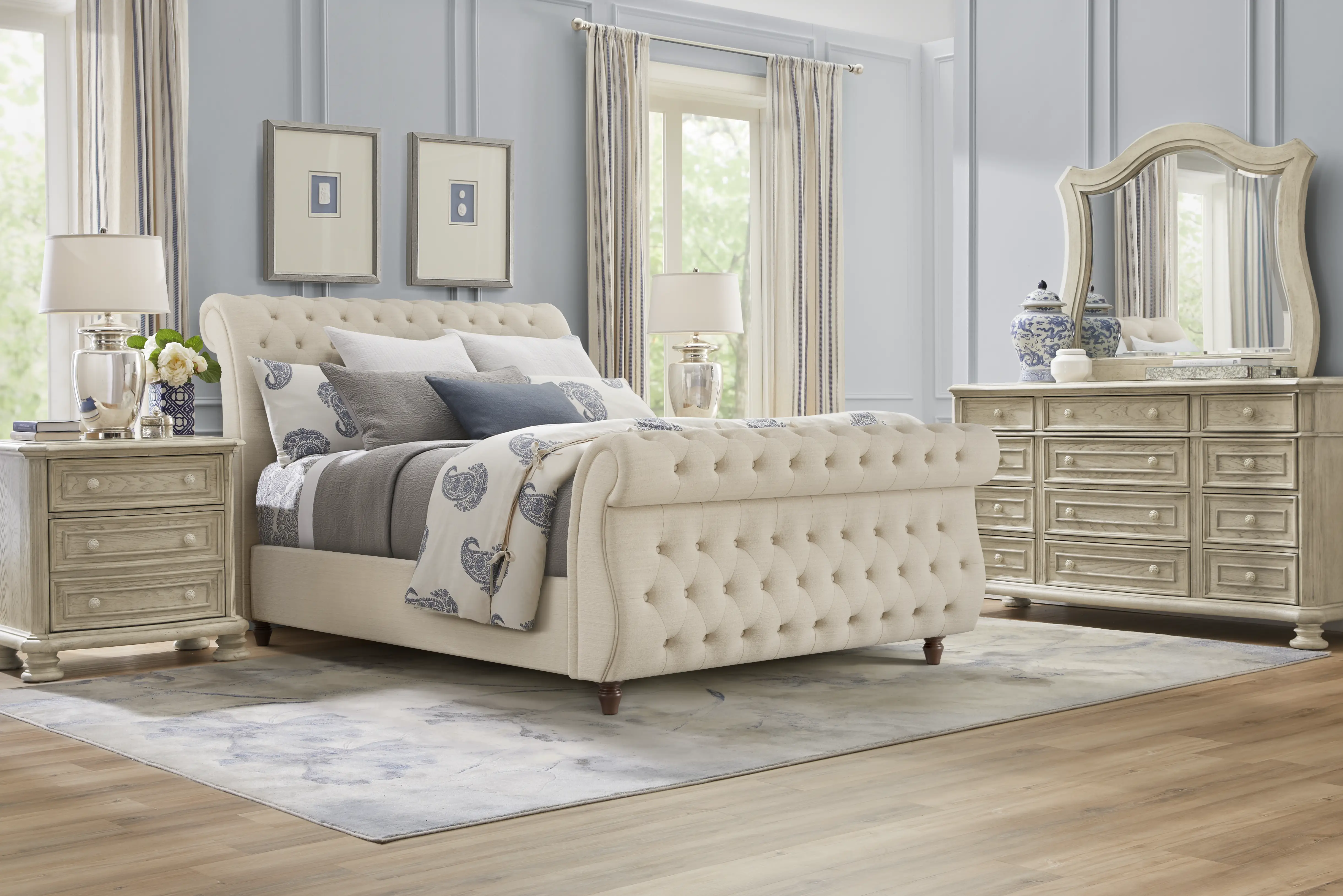 Armitage Off-White 5 Pc Bedroom with Ivy White Queen Upholstered Bed - Thumbnail - Image 1