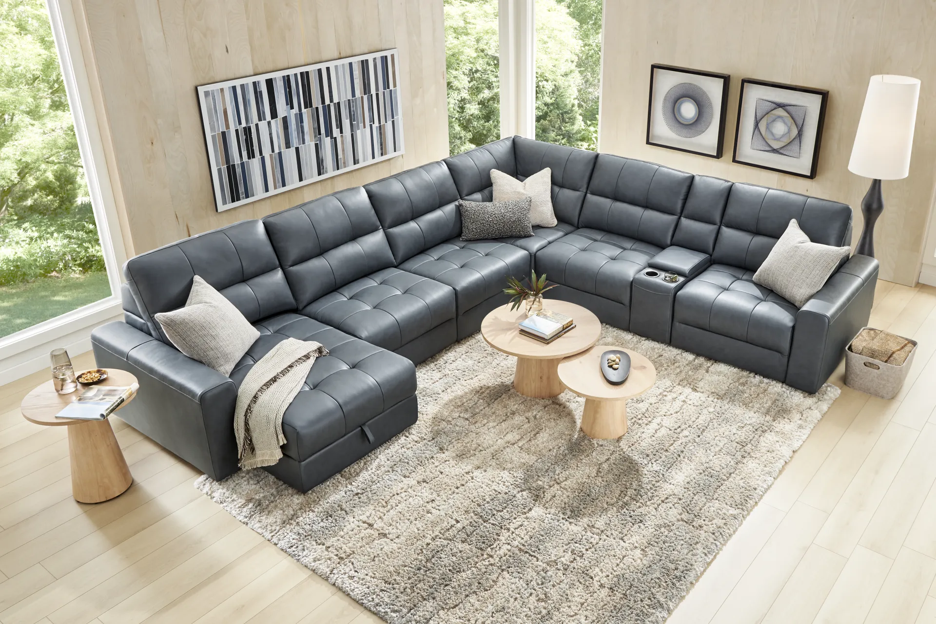 Meriwether Slate Blue Leather 7 Pc Power Slider Sectional - Image 1