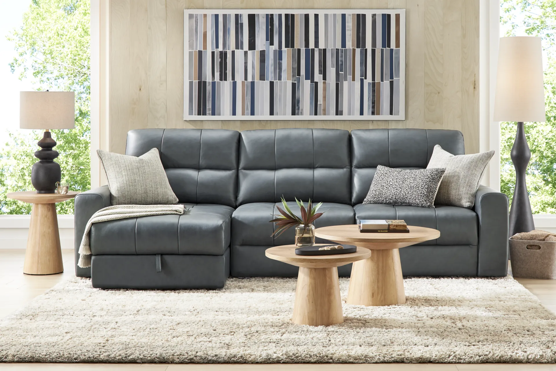 Meriwether Slate Blue Leather 3 Pc Power Slider Sectional - Image 1